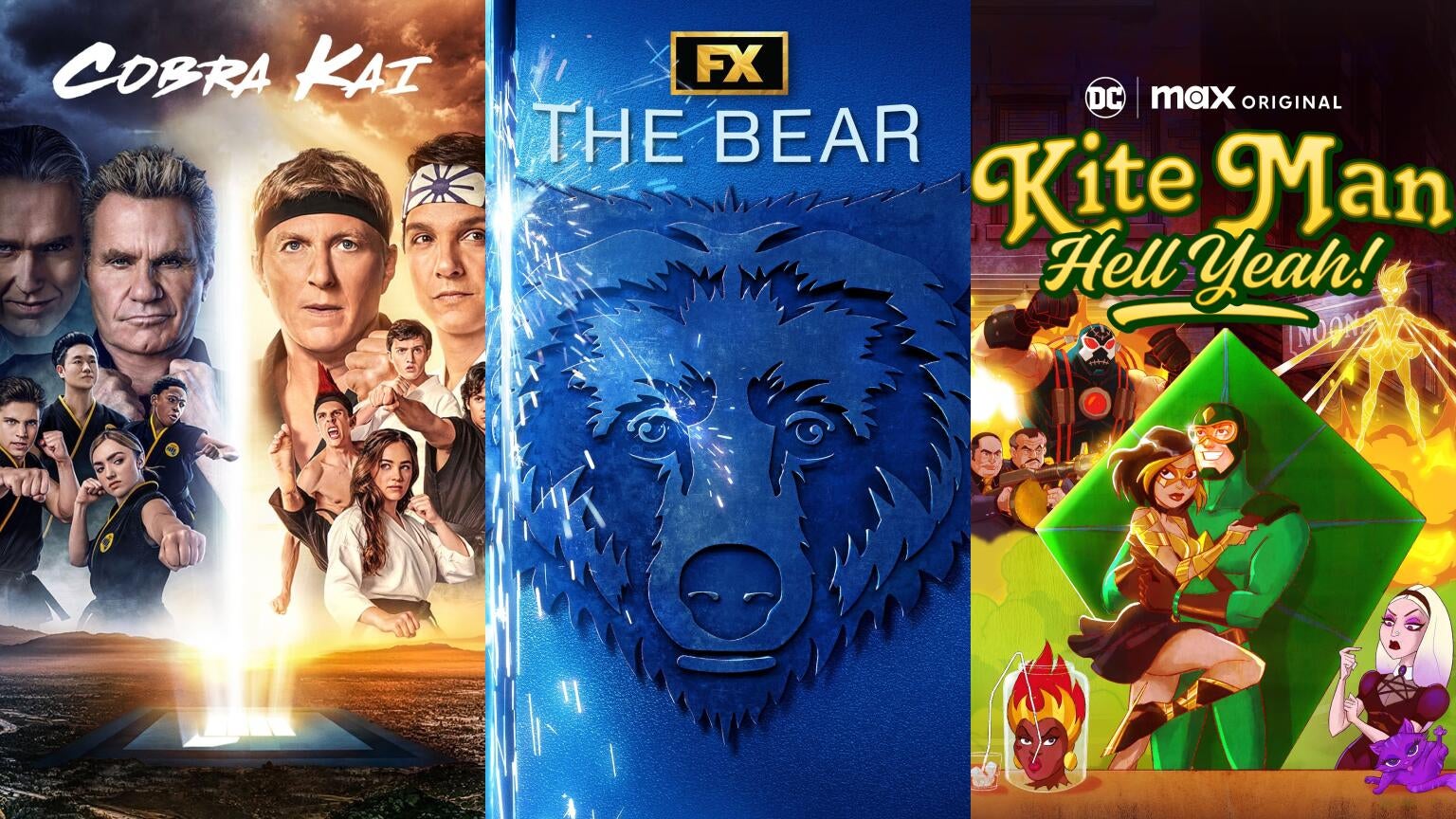 Posters for Netflix's "Cobra Kai," FX and Hulu's "The Bear," and Max's upcoming "Kite Man: Hell Yeah!"