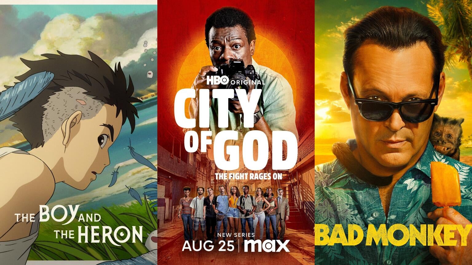 Posters for Studio Ghibil's "The Boy and the Heron," HBO's "City of God: The Fight Rages On," and Apple TV+'s "Bad Monkey"