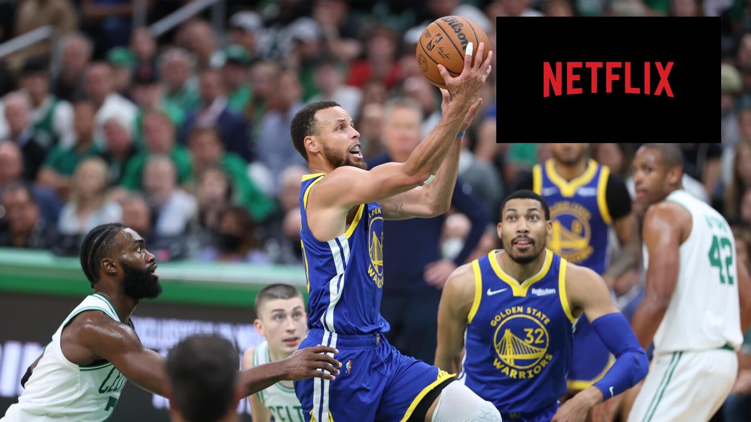Steph Curry shooting a basketball with the Netflix logo