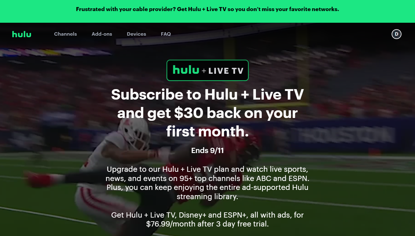 Hulu + Live TV is giving customers a chance at a big discount, but only through Wednesday, Sept. 11.