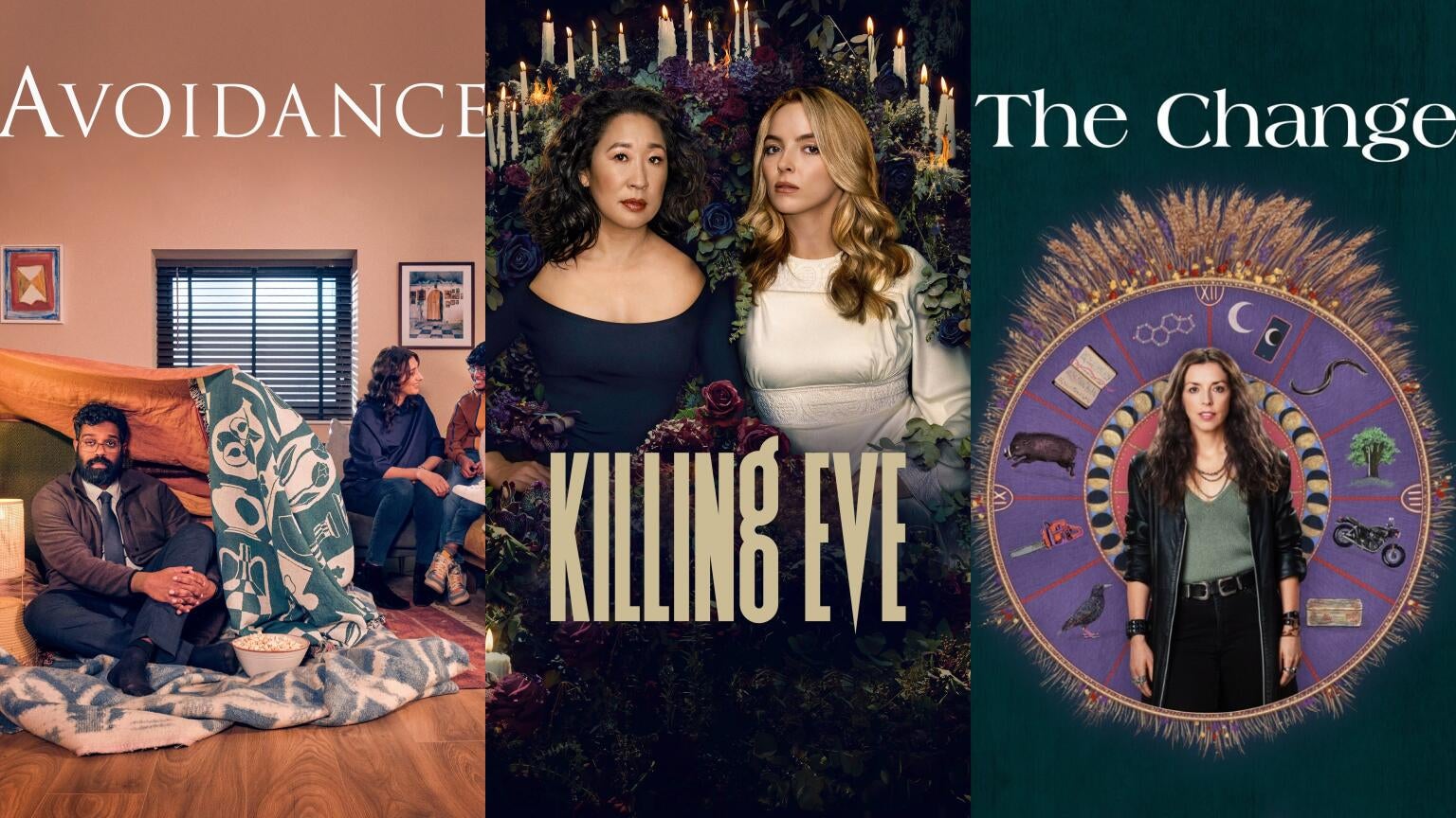 Posters for "Avoidance," "Killing Eve," and "The Change," coming to BritBox in August