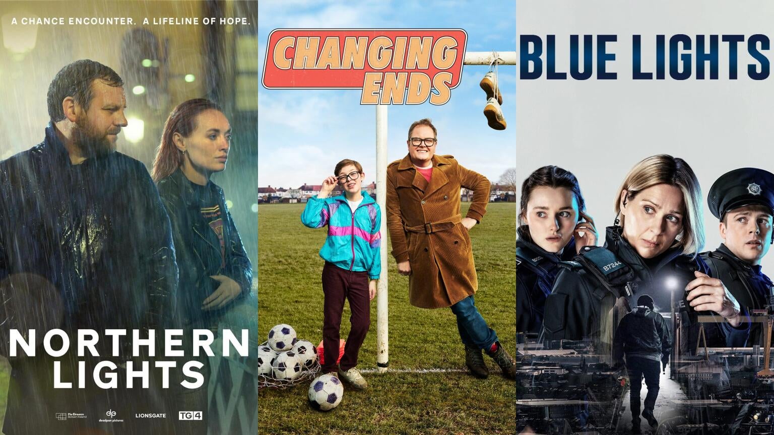 Posters for "Northern Lights," "Changing Ends," and "Blue Lights," coming soon to BritBox