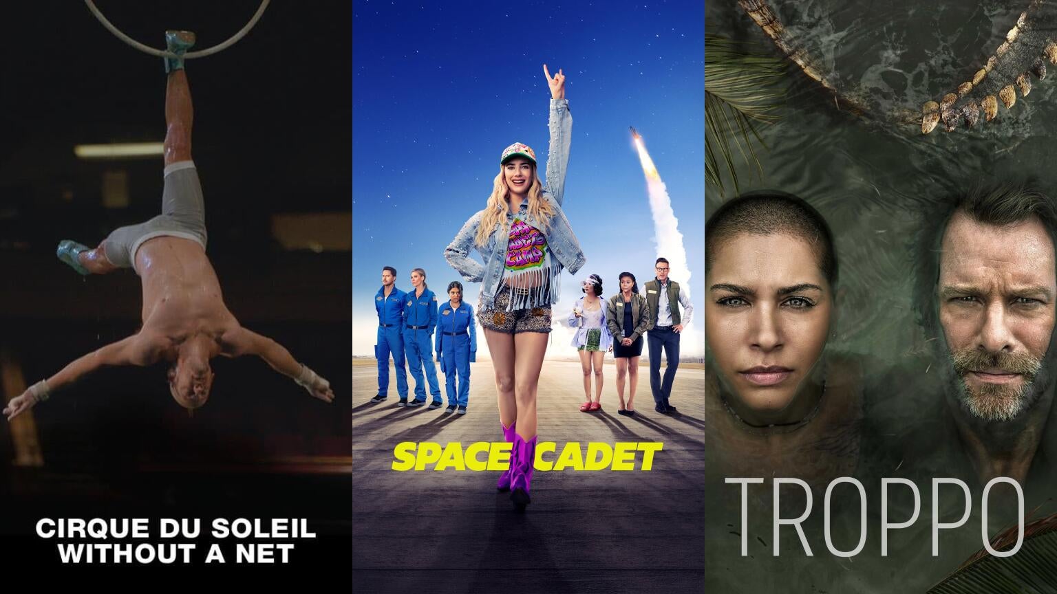 Posters for "Cirque Du Soleil: Without a Net," "Space Cadet," and "Troppo" Season 2, coming to Prime Video and Freevee this July.