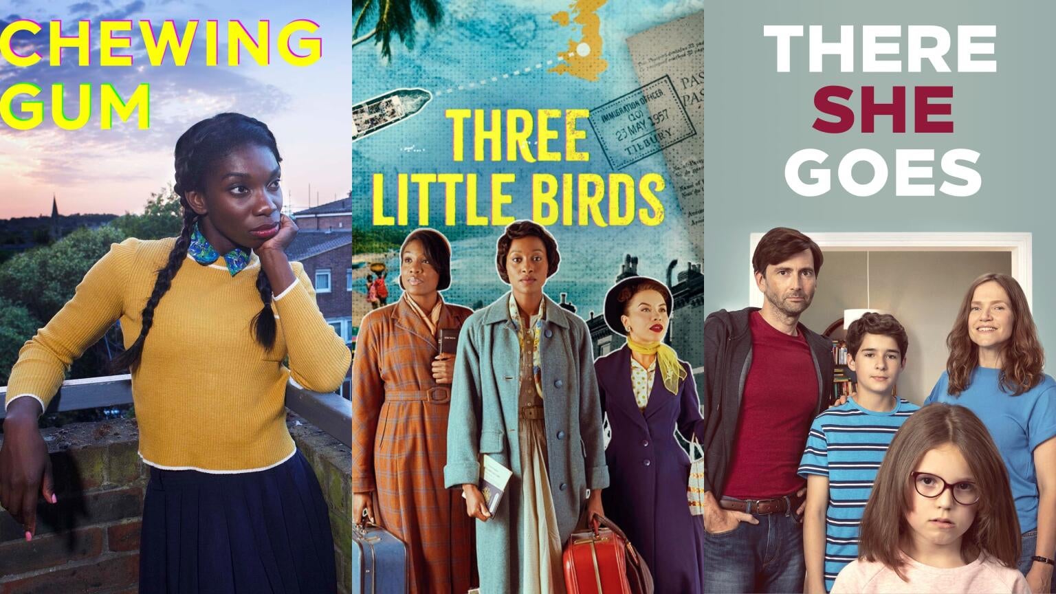 Posters for "Chewing Gum," "Three Little Birds," and "There She Goes"