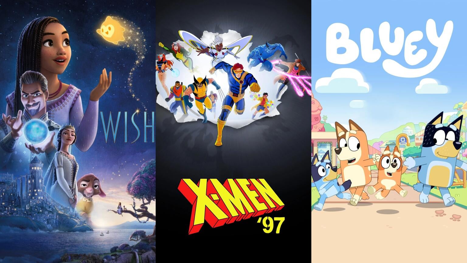 Posters for Disney's "Wish," "X-Men '97," and "Bluey"