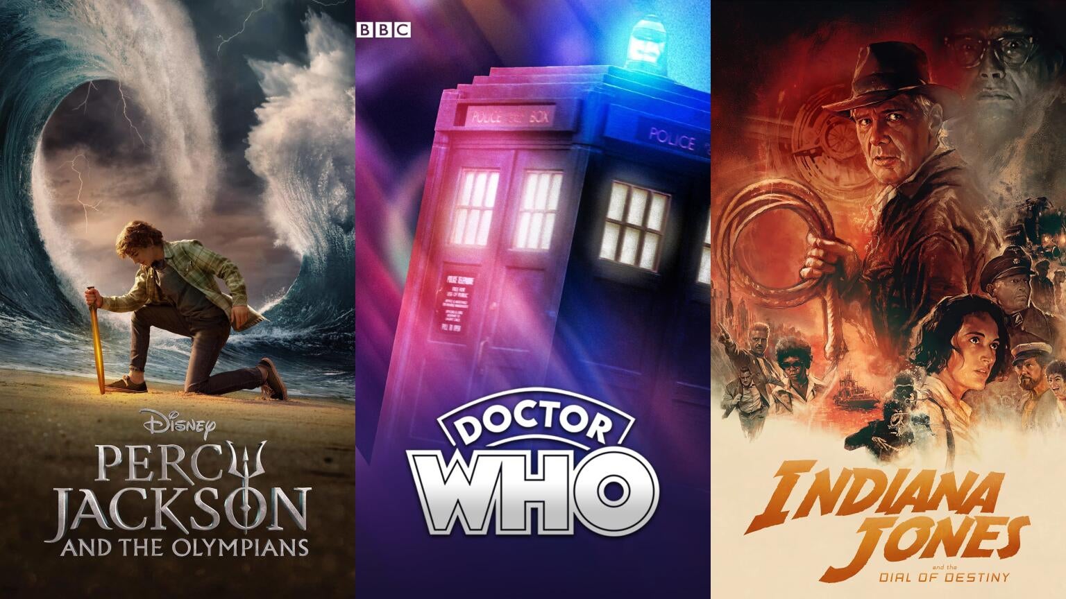 Trio of posters for "Percy Jackson and the Olympians," "Doctor Who," and "Indiana Jones and the Dial of Destiny"