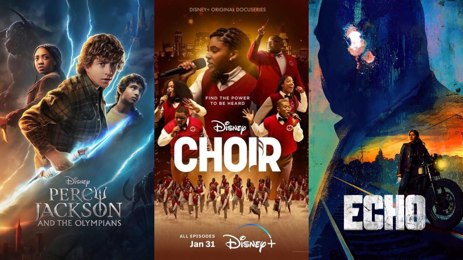 Posters for Disney+'s "Percy Jackson and the Olympians," "Choir," and "Echo"