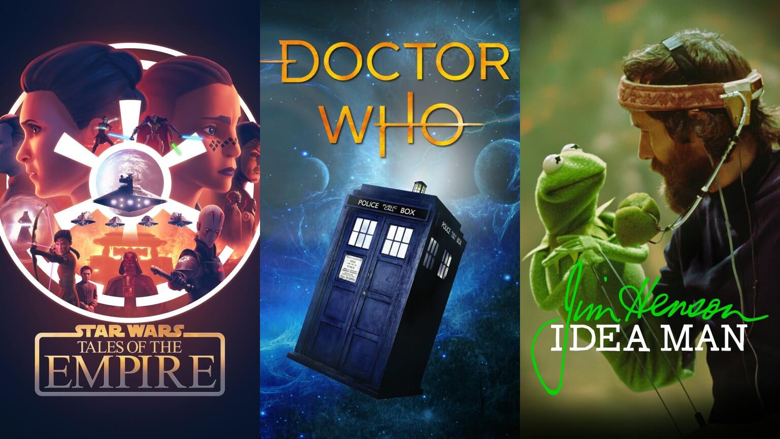 Posters for "Star Wars: Tales of the Empire," "Doctor Who," and "Jim Henson Idea Man"