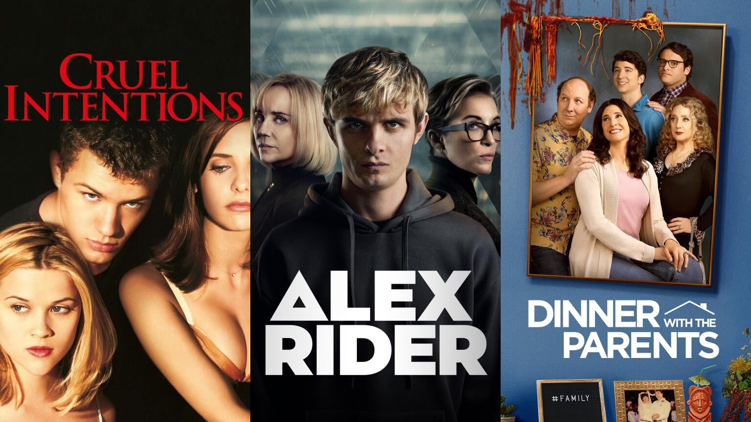 Posters for "Cruel Intentions," "Alex Rider," and "Dinner With the Parents"