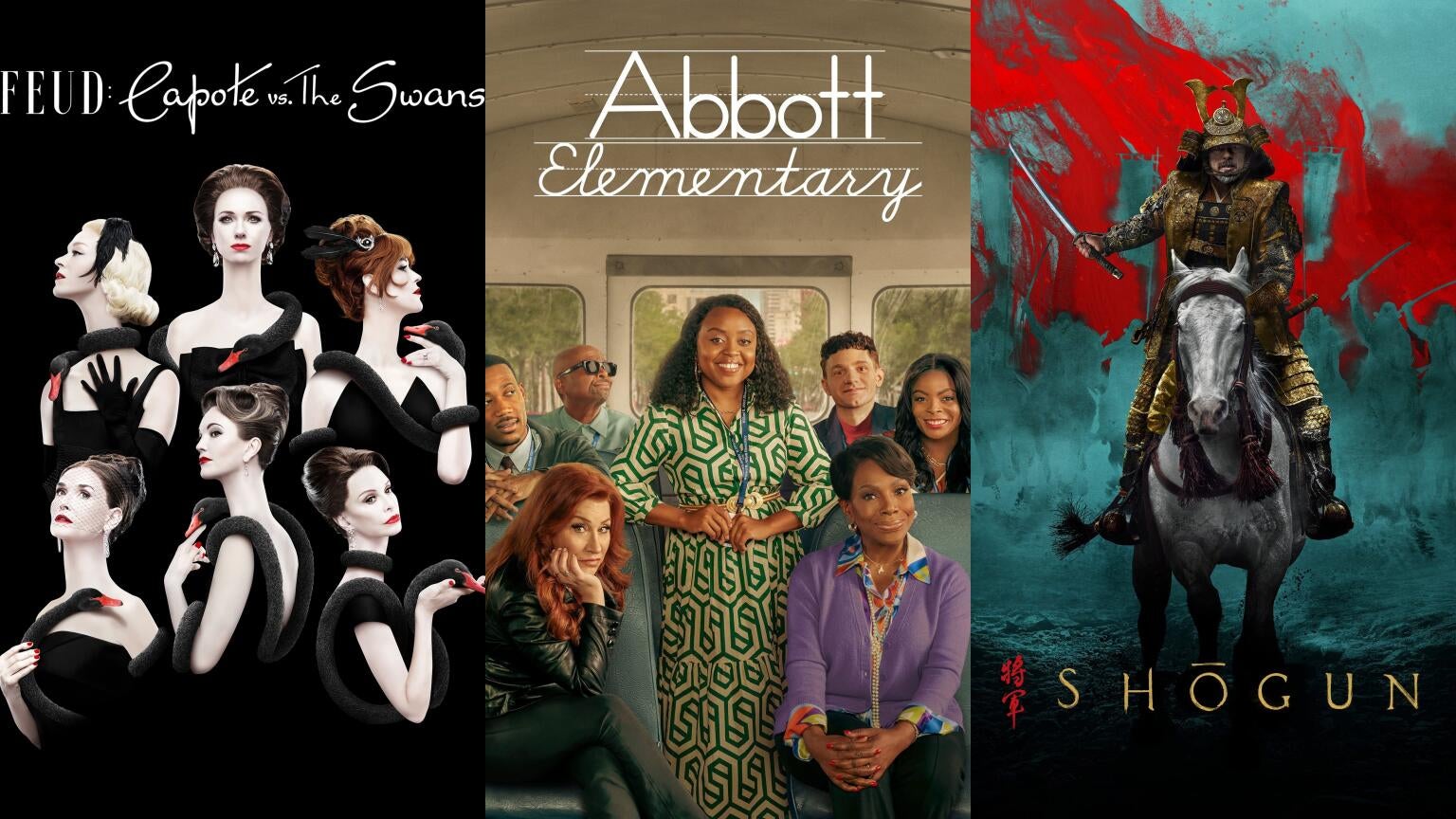 Posters for FX's "Feud: Capote vs The Swans," ABC's "Abbott Elementary," and FX's "Shōgun"