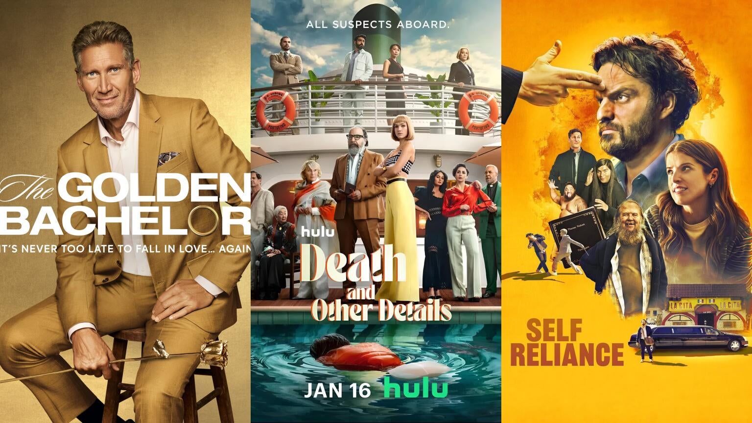 Posters for "The Golden Bachelor," Death and Other Details," and "Self Reliance"