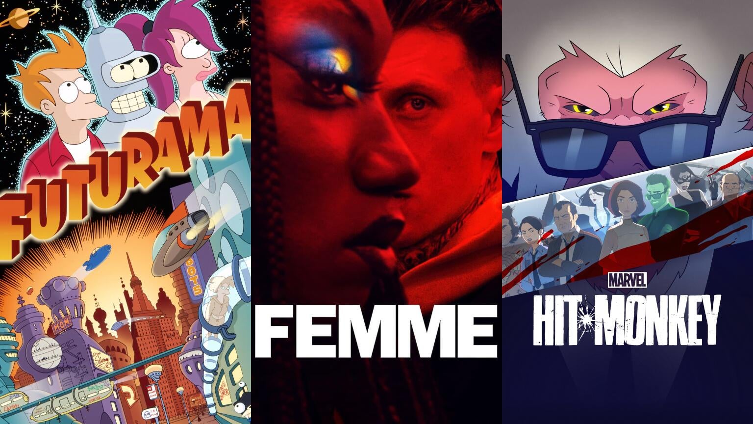 Posters for "Futurama," "Femme," and Marvel's "Hit-Monkey," new this July on Hulu.