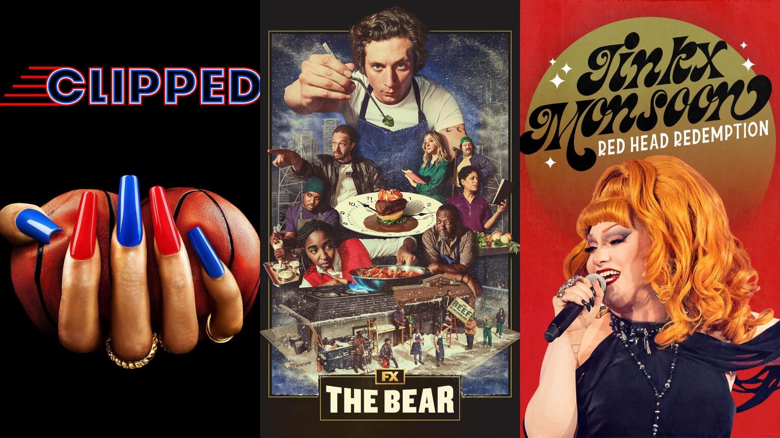 FX's "Clipped," FX's "The Bear," and "Jinkx Monsoon: Red Head Redemption" coming to Hulu in June 2024.