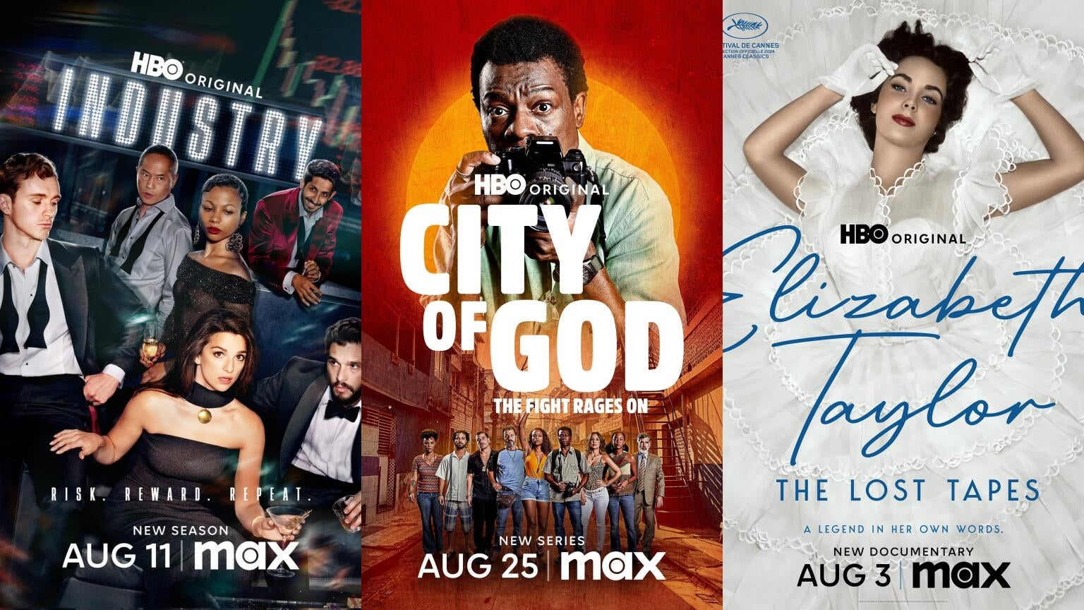 Posters for Max's "Industry," "City of God: The Fight Rages On," and "Elizabeth Taylor: The Lost Tapes"