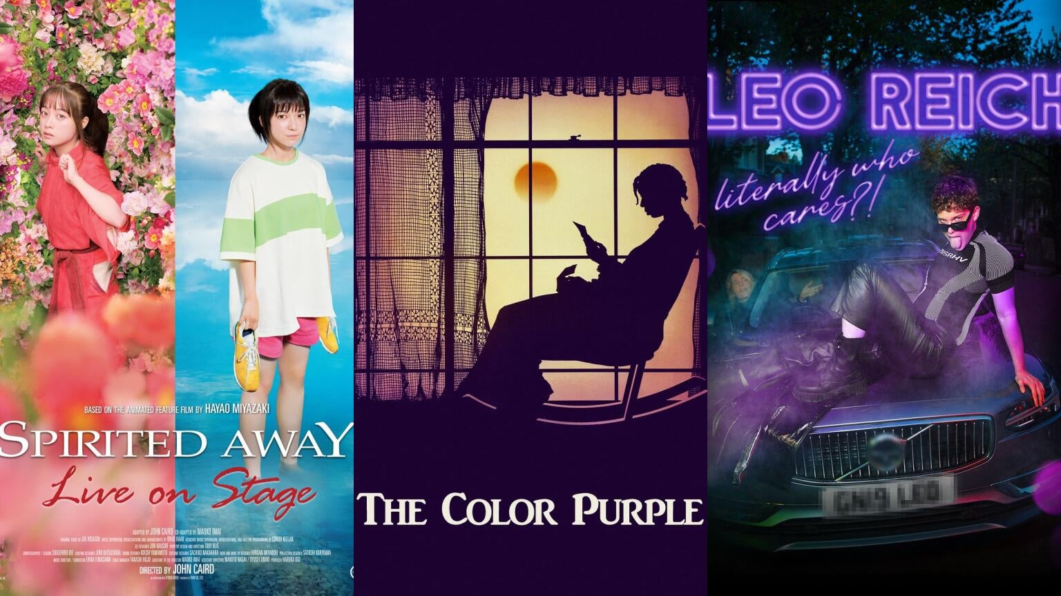 Posters for "Spirited Away: Live on Stage," "The Color Purple," and "Leo Reich: Literally Who Cares?!"