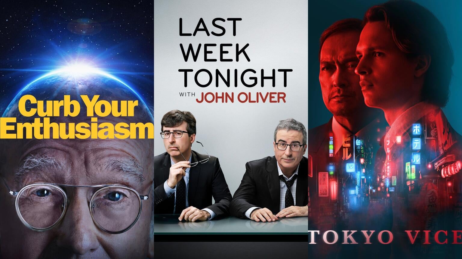Posters for three HBO and Max series: "Curb Your Enthusiasm," "Last Week Tonight with John Oliver," and "Tokyo Vice"