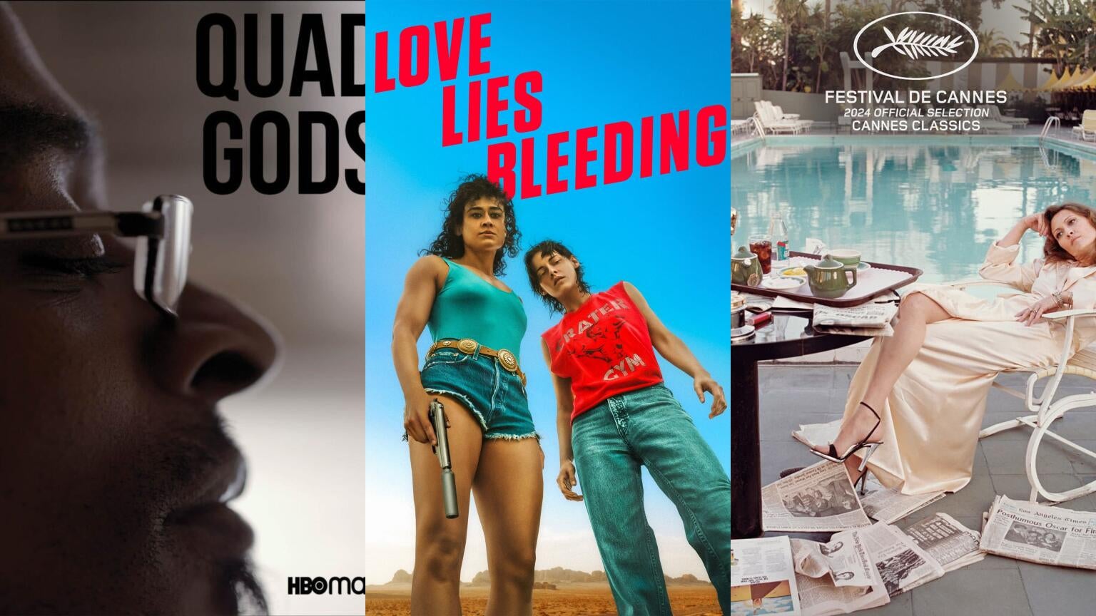 Posters for A24's recent hit "Love Lies Bleeding," as well as for the documentaries "Quad Gods" and "Faye," which will all be added to Max in July.