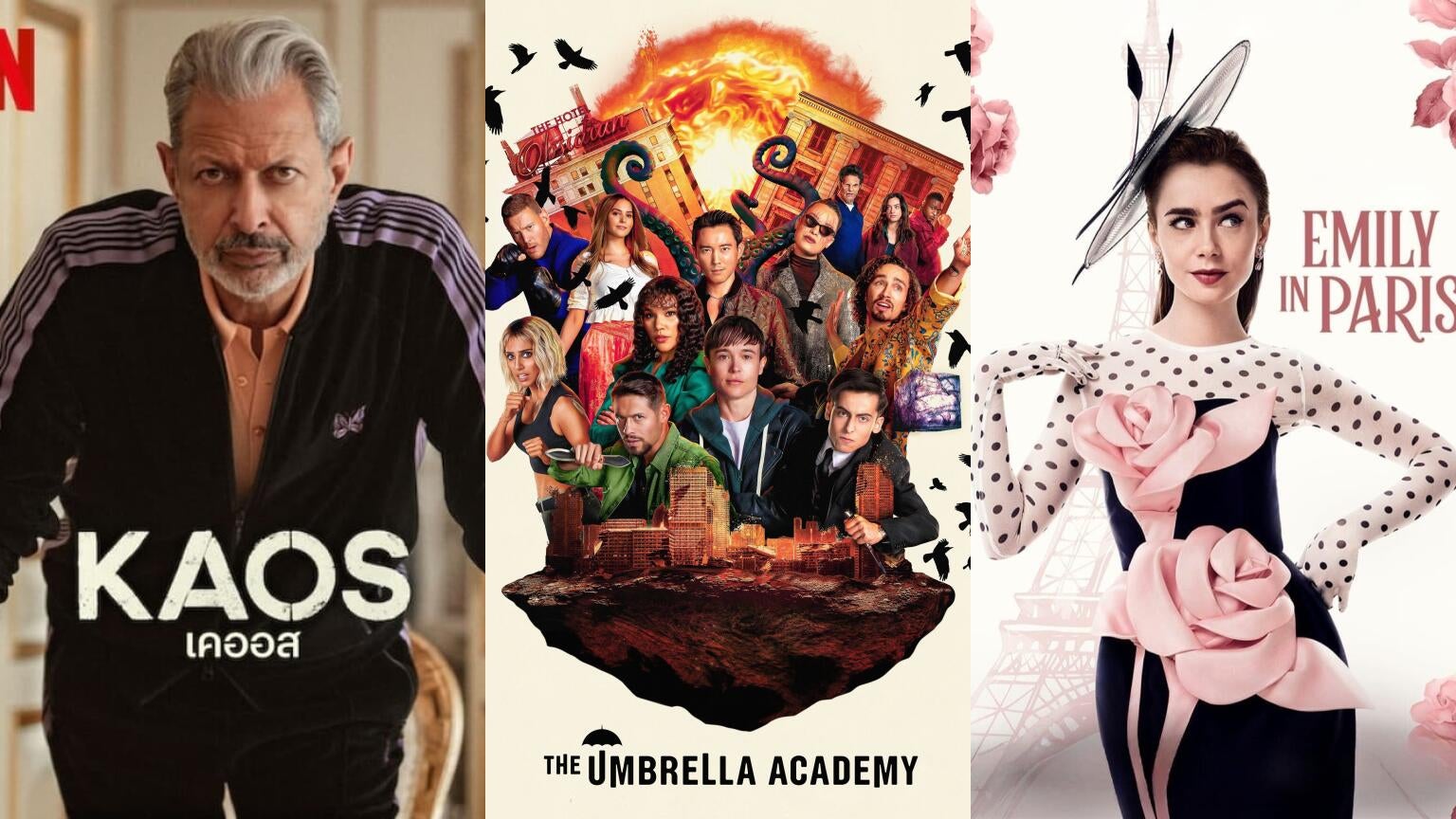 Posters for Netflix's "KAOS," "The Umbrella Academy," and "Emily in Paris," coming to Netflix in August