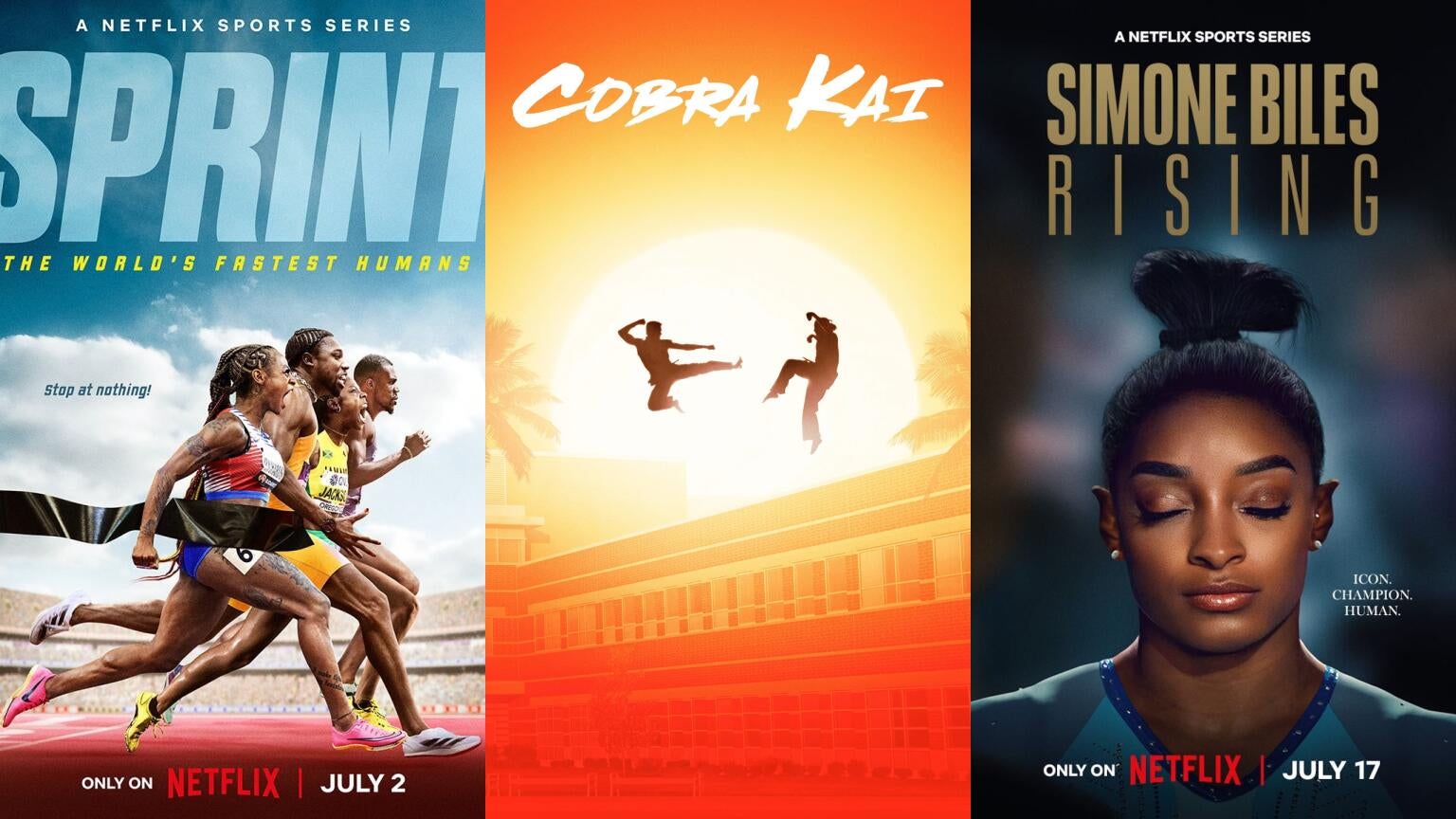 Posters for Netflix's "SPRINT," "Cobra Kai," and "Simone Biles Rising"