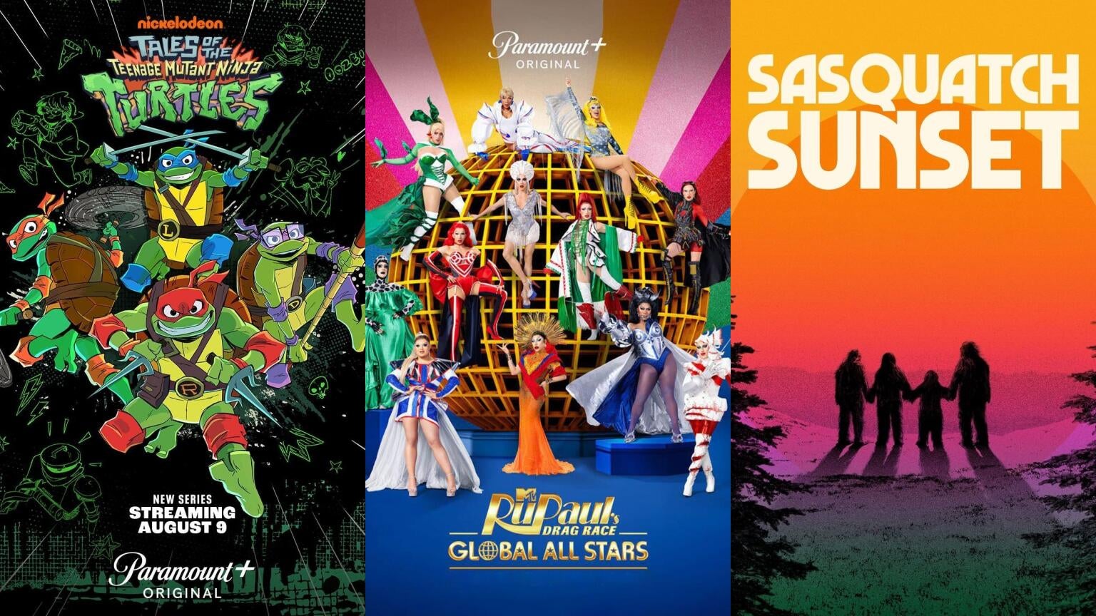 Posters for "Teenage Mutant Ninja Turtles," "RuPaul's Drag Race Global All Stars," and "Sasquatch Sunset," coming soon to Paramount+.