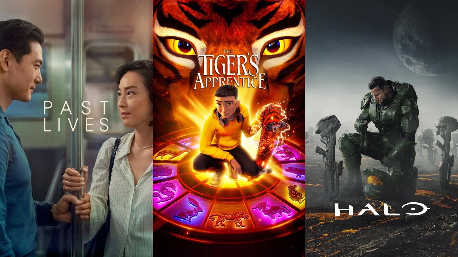 Posters for "Past Lives," "The Tiger's Apprentice," and "Halo"