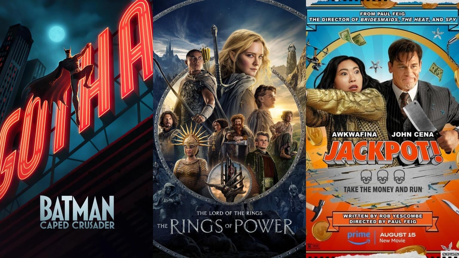 Posters for Prime Video's "Batman: Caped Crusader, "The Lord of the Rings: The Rings of Power," and "Jackpot!"
