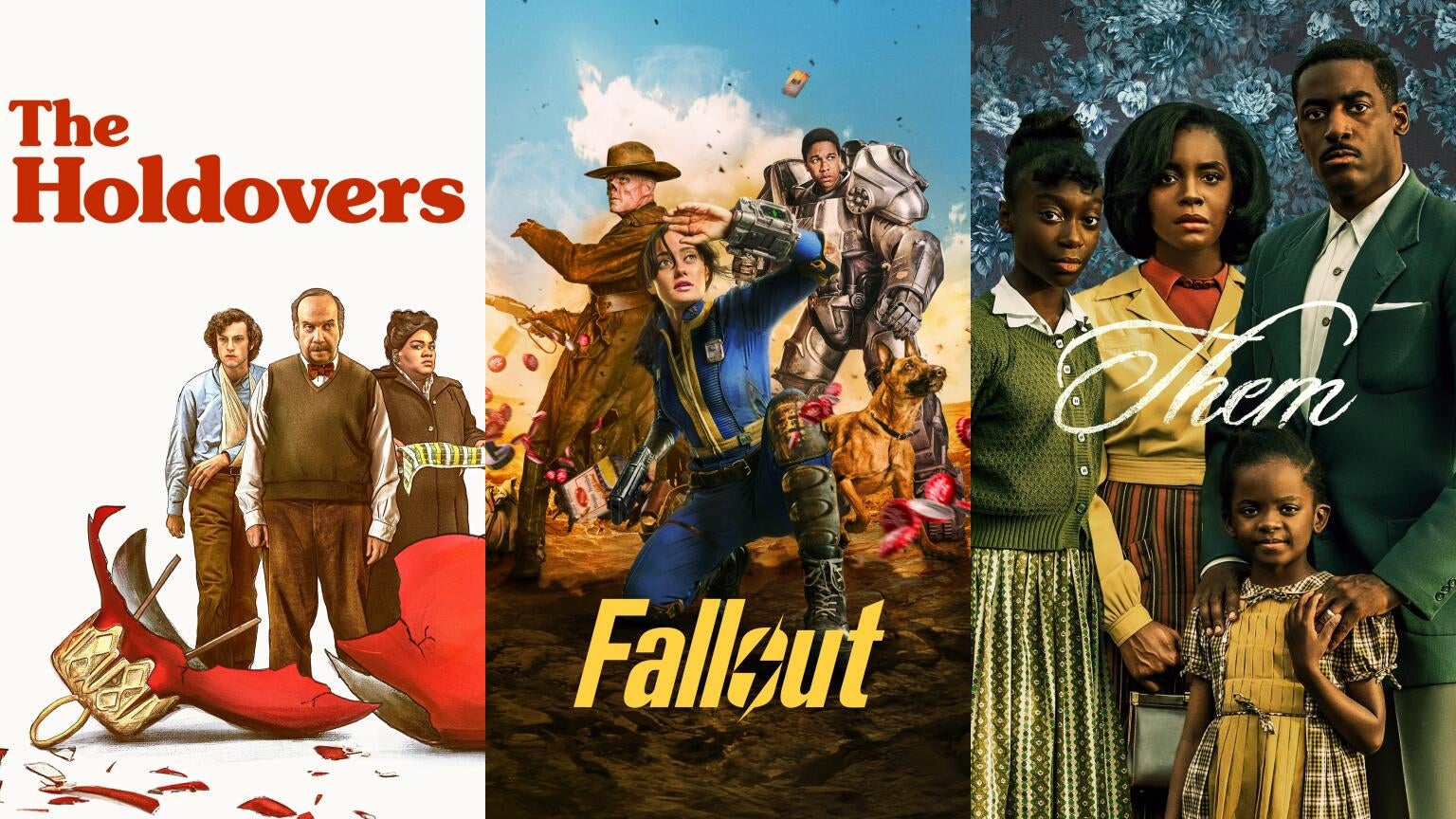 Posters for "The Holdovers," "Fallout," and "Them"