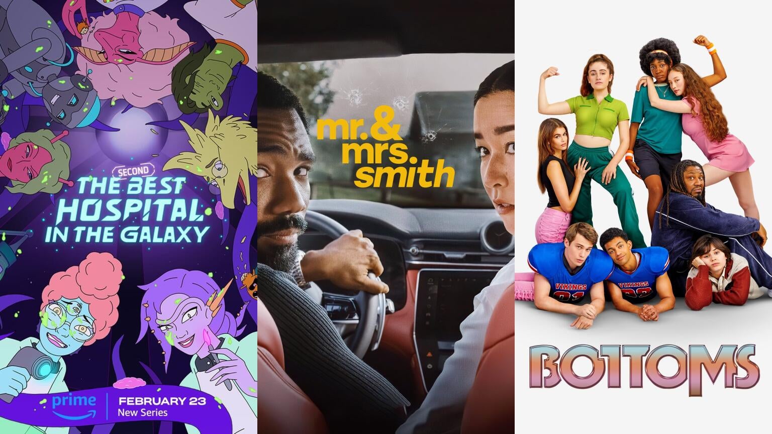 Posters for "The Second Best Hotel in the Galaxy," "Mr. & Mrs. Smith," and "Bottoms"