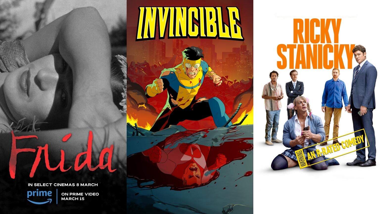 Posters for Prime Video's "Frida," "Invincible," and "Ricky Stanicky"