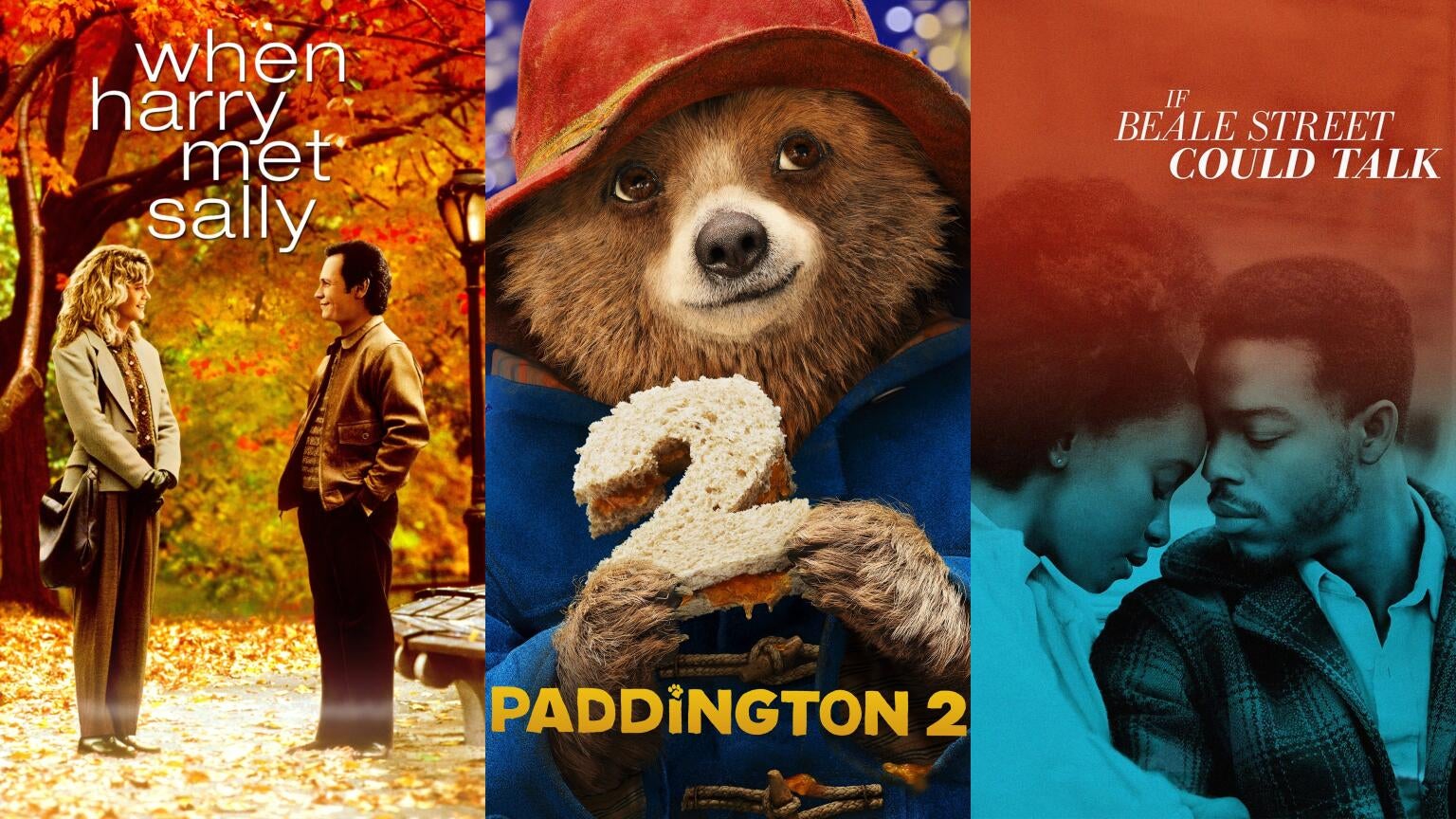 Movie posters for "When Harry Met Sally," "Paddington 2," and "If Beale Street Could Talk"