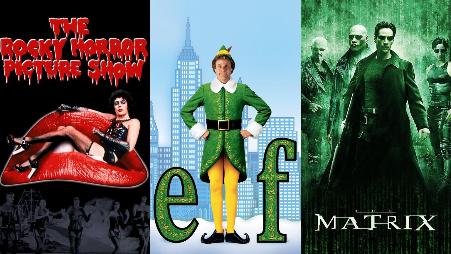 Movie posters for "The Rocky Horror Picture Show, "Elf," and "The Matrix"
