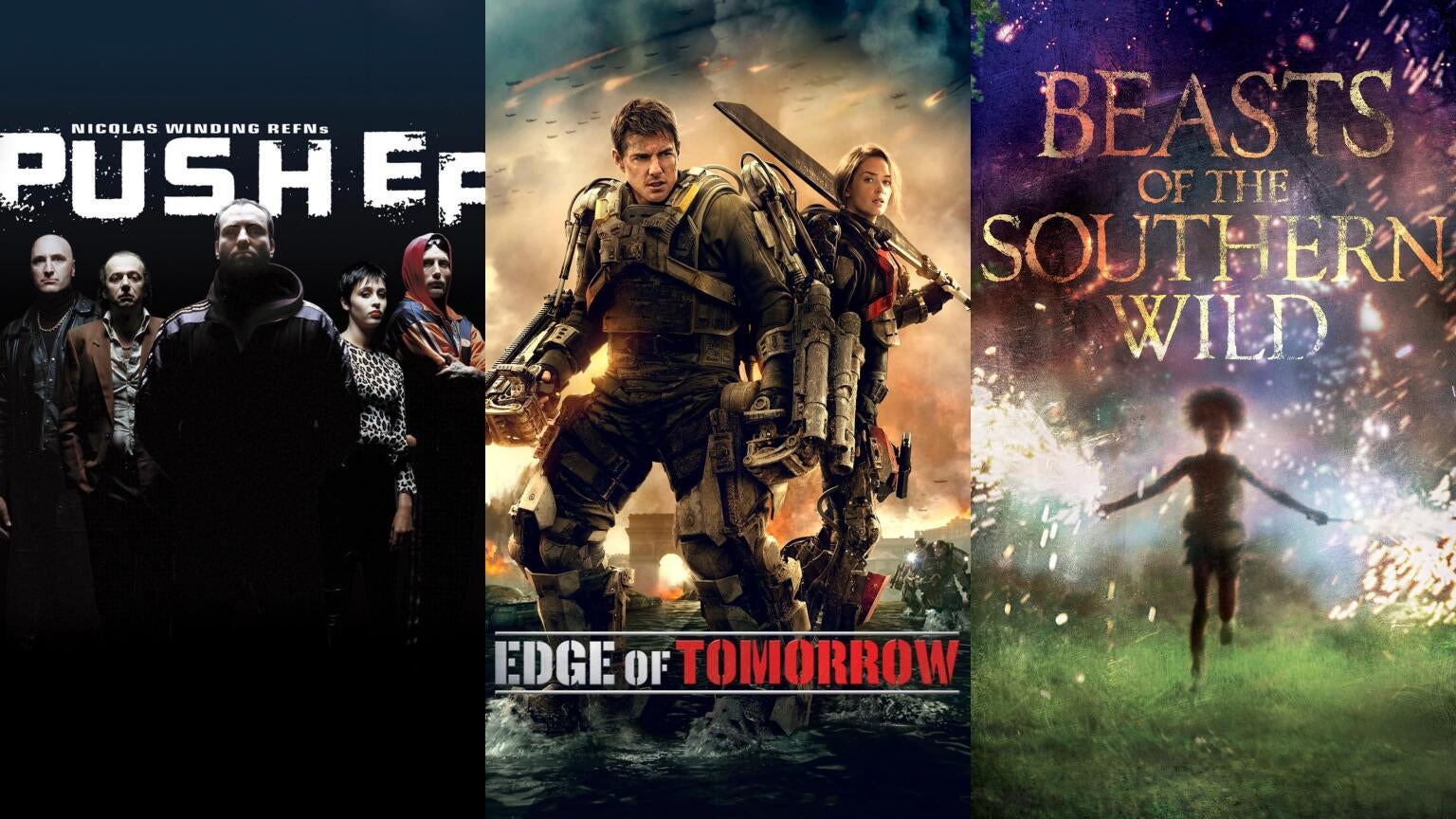 Movie posters for "Pusher," "Edge of Tomorrow," and "Beasts of the Southern Wild"