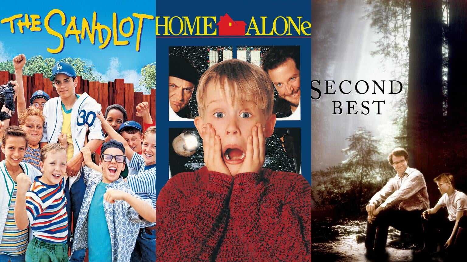 Movie posters for 'The Sandlot,' 'Home Alone,' and 'Second Best'