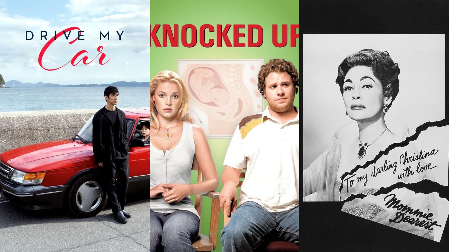 Movie posters for "Drive My Car," "Knocked Up," and "Mommie Dearest"