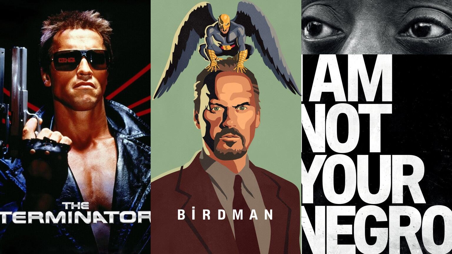 Movie posters for "The Terminator," "Birdman," and "I Am Not Your Negro"
