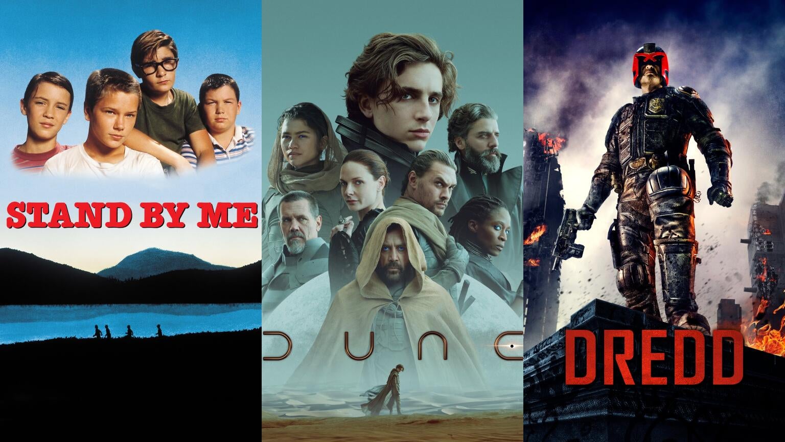 Movie posters for "Stand By Me," "Dune," and "Dredd"