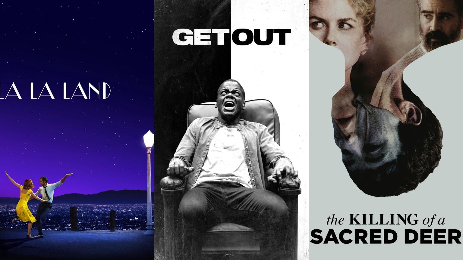 Movie posters for "La La Land," "Get Out," and "The Killing of a Sacred Deer"