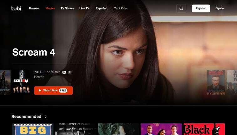 A current Tubi screenshot of its Movies page featuring Scream 4