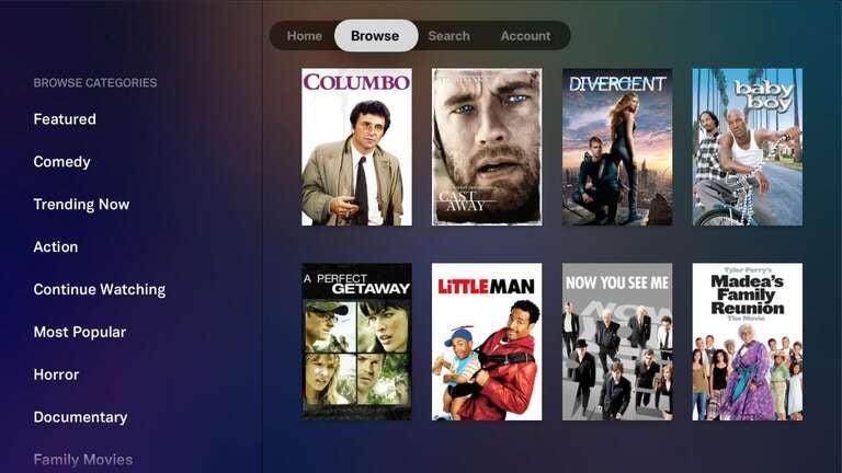 list of titles available on a Tubi page.