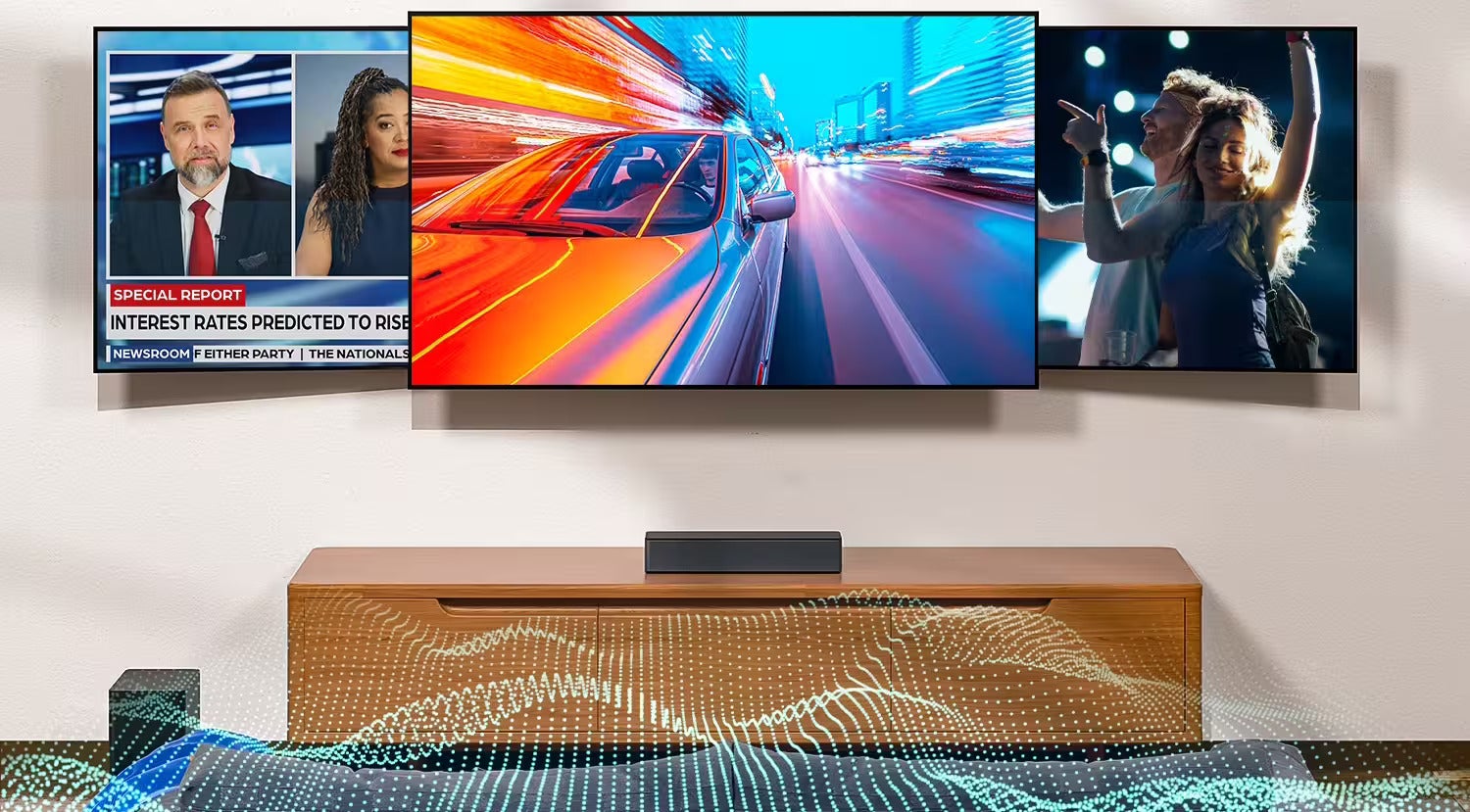 An ultimea soundbar and subwoofer in a living room.