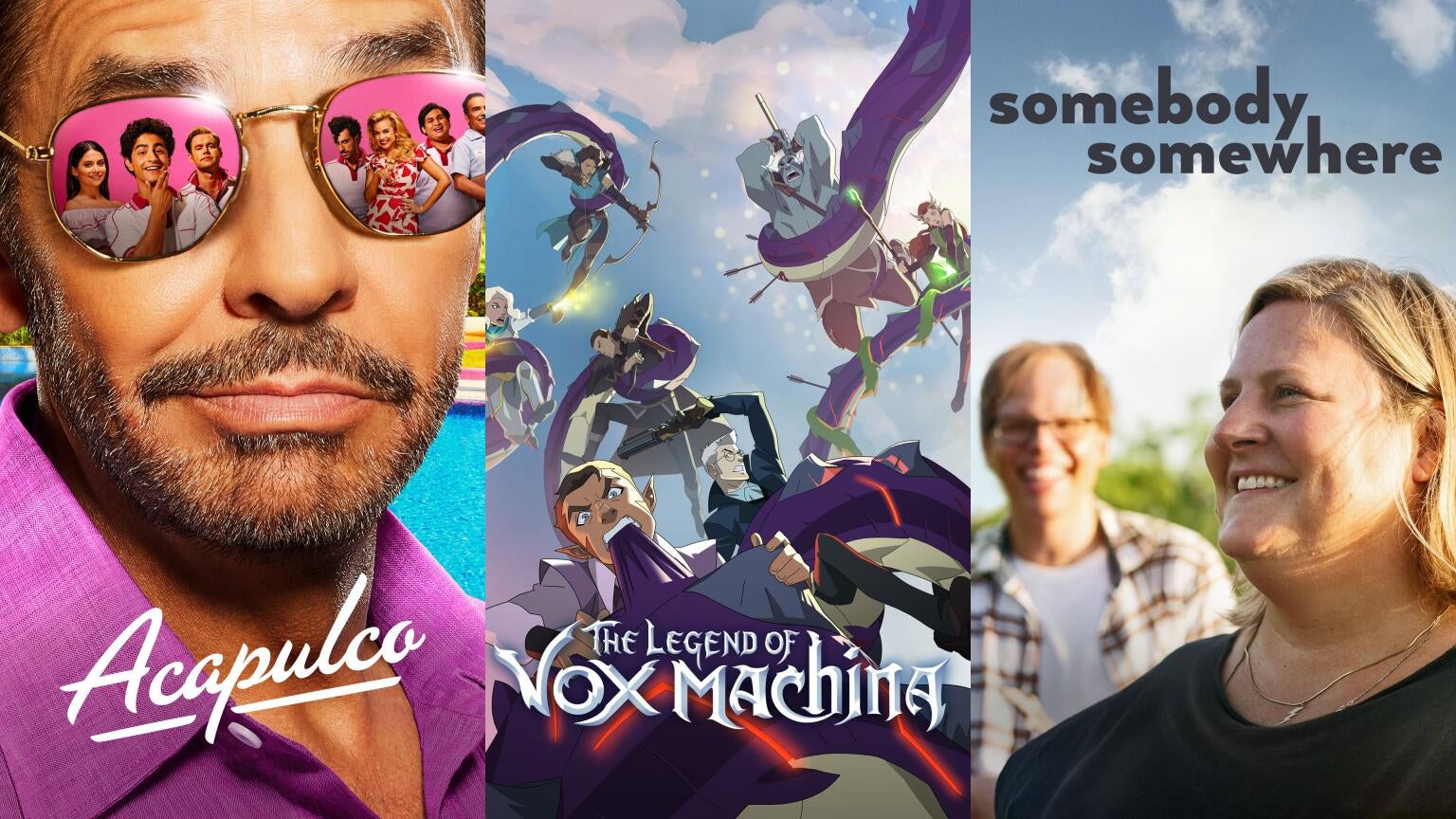 Posters for Apple TV+'s "Acapulco," Prime Video and Critical Role's "The Legend of Vox Machina," and HBO's "Somebody Somewhere"
