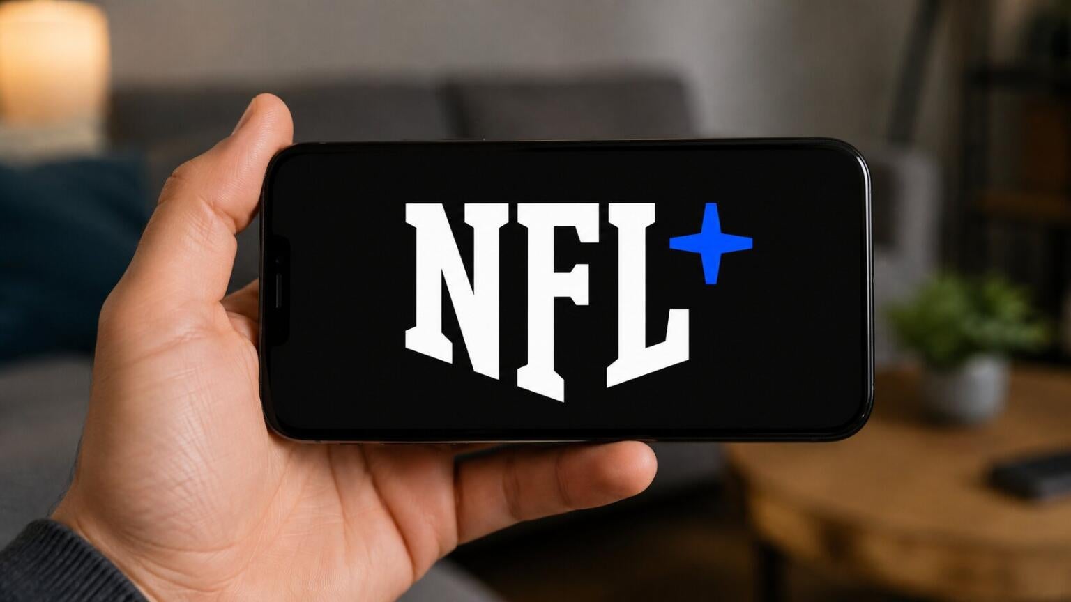 The NFL+ logo on a phone, and news regarding an outage on the service.