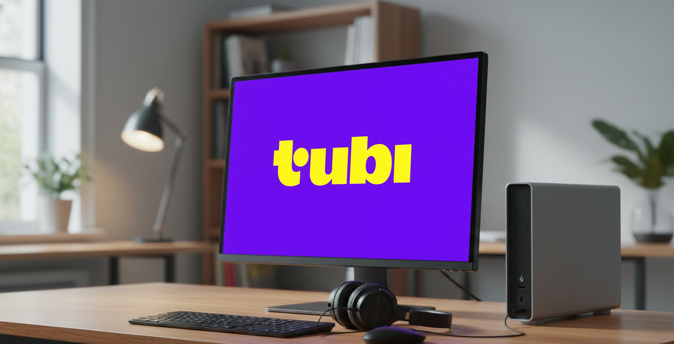 Tubi on a computer screen with earphones attached.