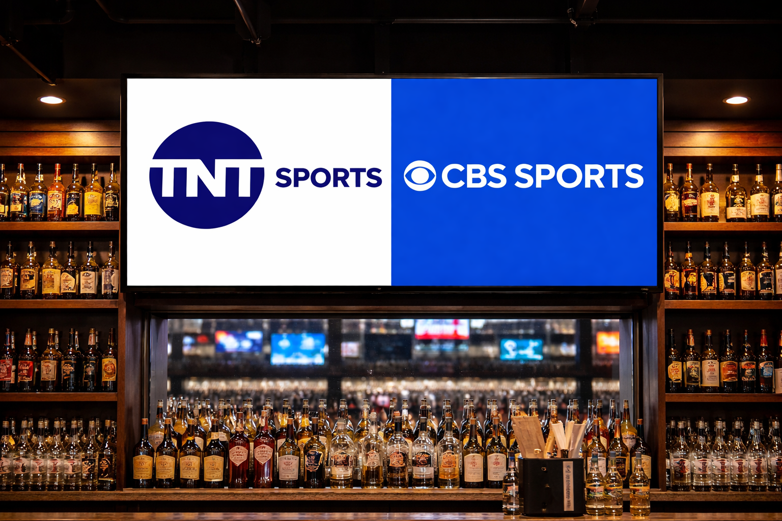 The TNT Sports and CBS Sports logos on a TV screen.