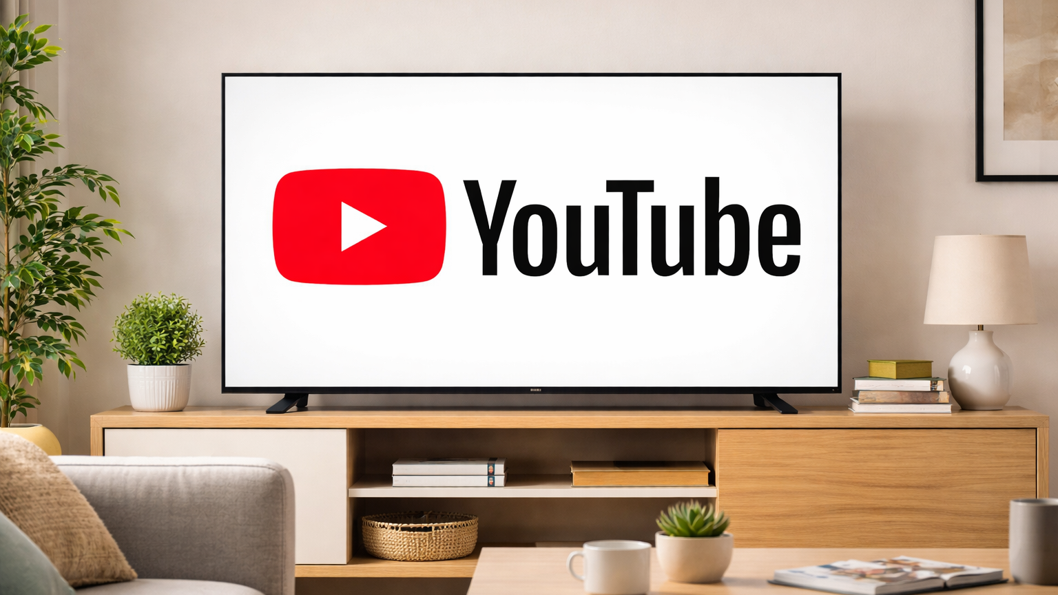 The YouTube logo on a TV screen in a living room.