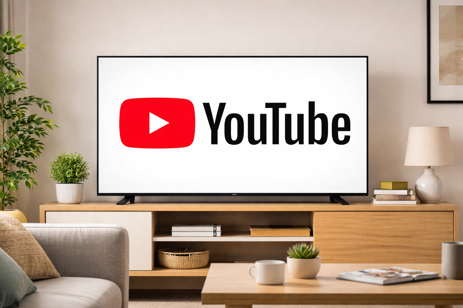 The YouTube logo on a TV screen in a living room.