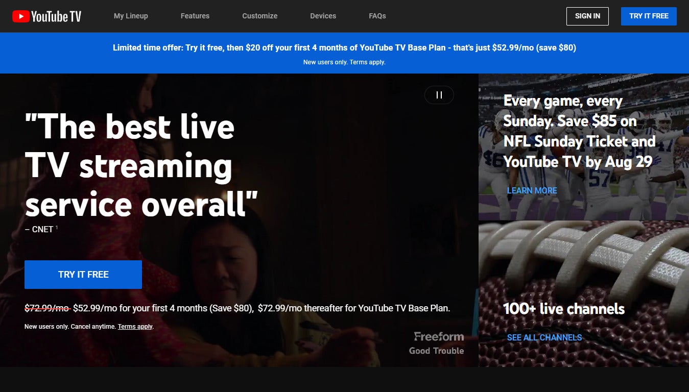 YouTube TV is offering $20 off per month for new customers' first four month of service.