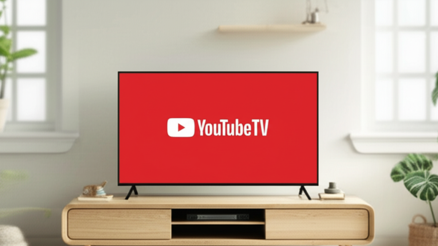 The YouTube TV logo on a TV screen in a living room.
